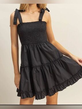 Smocked Tie-Shoulder Black Sundress